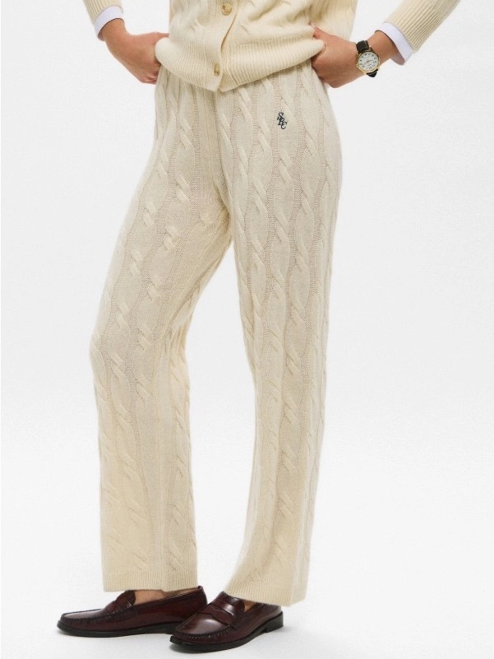 Sporty & Rich Cashmere Cable Knit Cream Lounge Pants